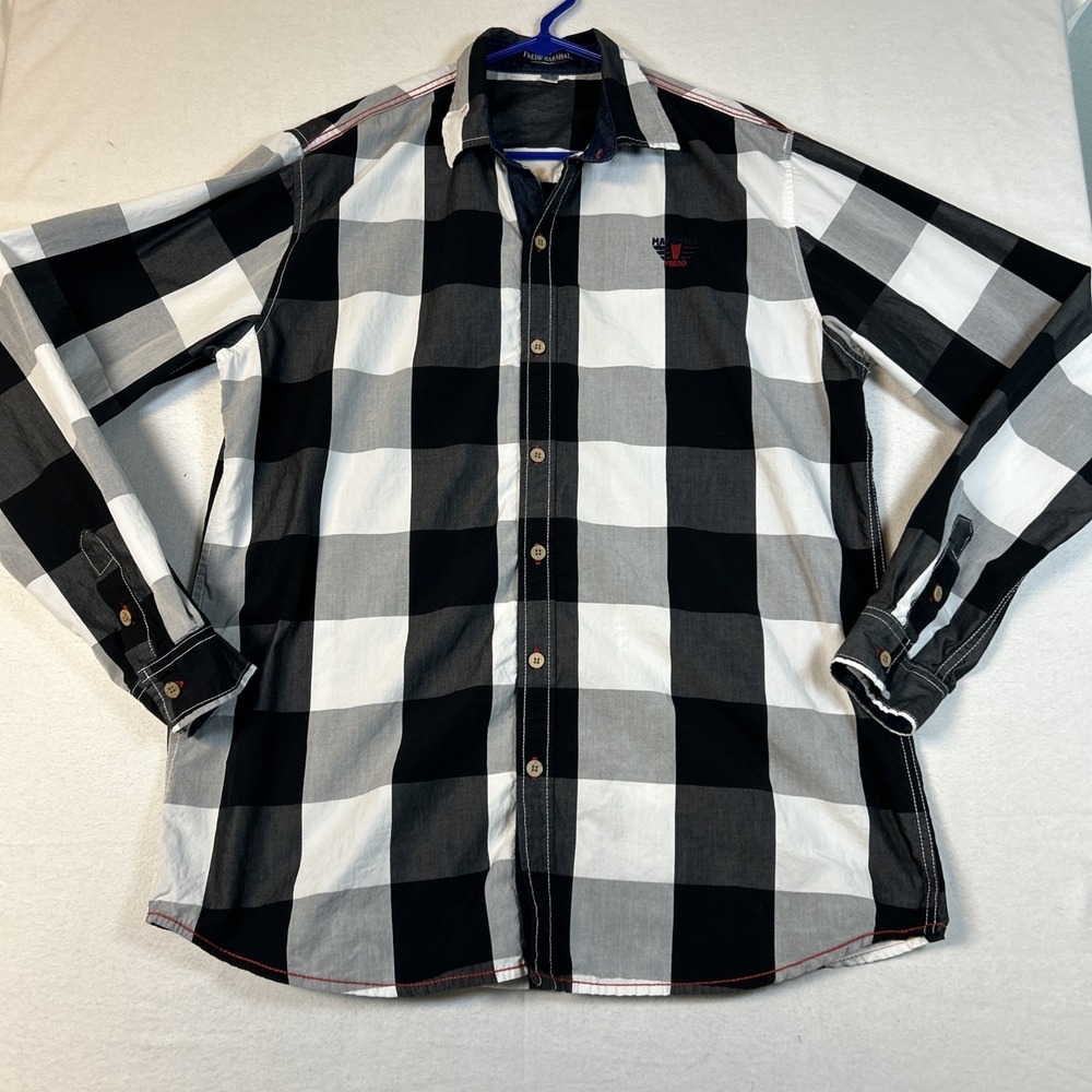 Fredd Marshall Mens XL Black White Plaid‎ Long Sleeve Button Down Shirt Casual